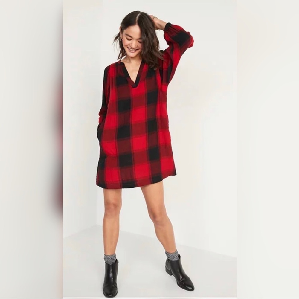 Buffalo plaid red black shirt dress
